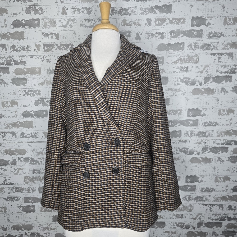 NWT Old Navy Blazer Women XS Brown Plaid Houndstooth Double Breasted Relaxed Fit